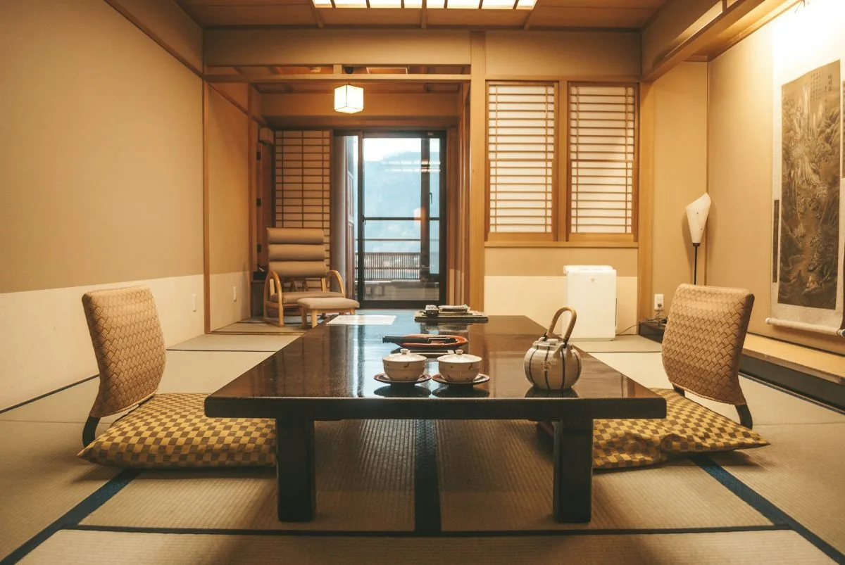 Traditional Japanese ryokan accommodation in the Mount Fuji area, possibly featuring tatami flooring and a serene atmosphere for guests.