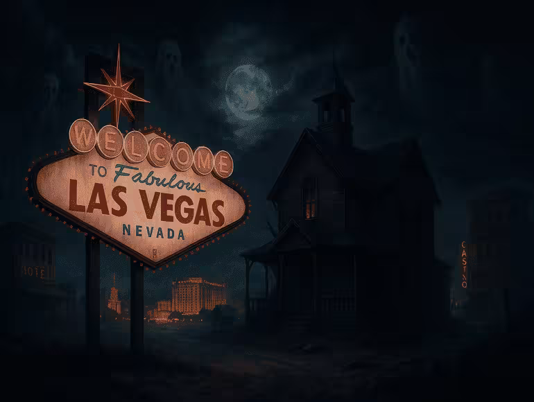 Juxtaposition of the vibrant Las Vegas welcome sign with a dark, ominous house and spectral apparitions beneath a large moon, suggesting haunted residences.