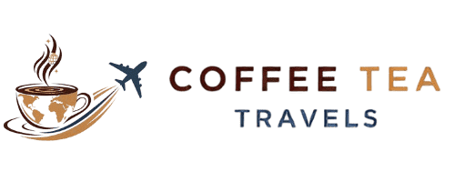 Coffee Tea Travels logo showing a coffee cup with a world map design, steam forming a globe, and an airplane symbolizing international travel.