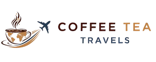 Coffee Tea Travels logo showing a coffee cup with a world map design, steam forming a globe, and an airplane symbolizing international travel.