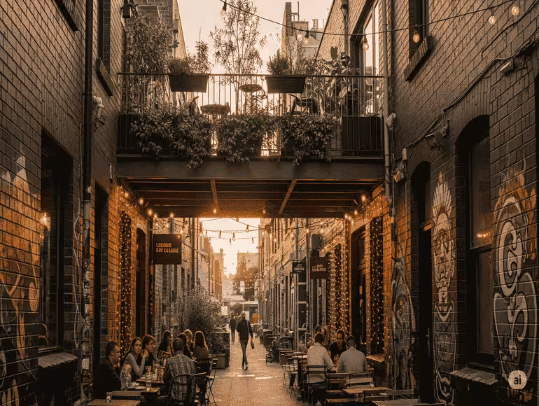 Living like a local in a stylish Melbourne Airbnb situated above a bustling laneway cafe with vibrant street art.